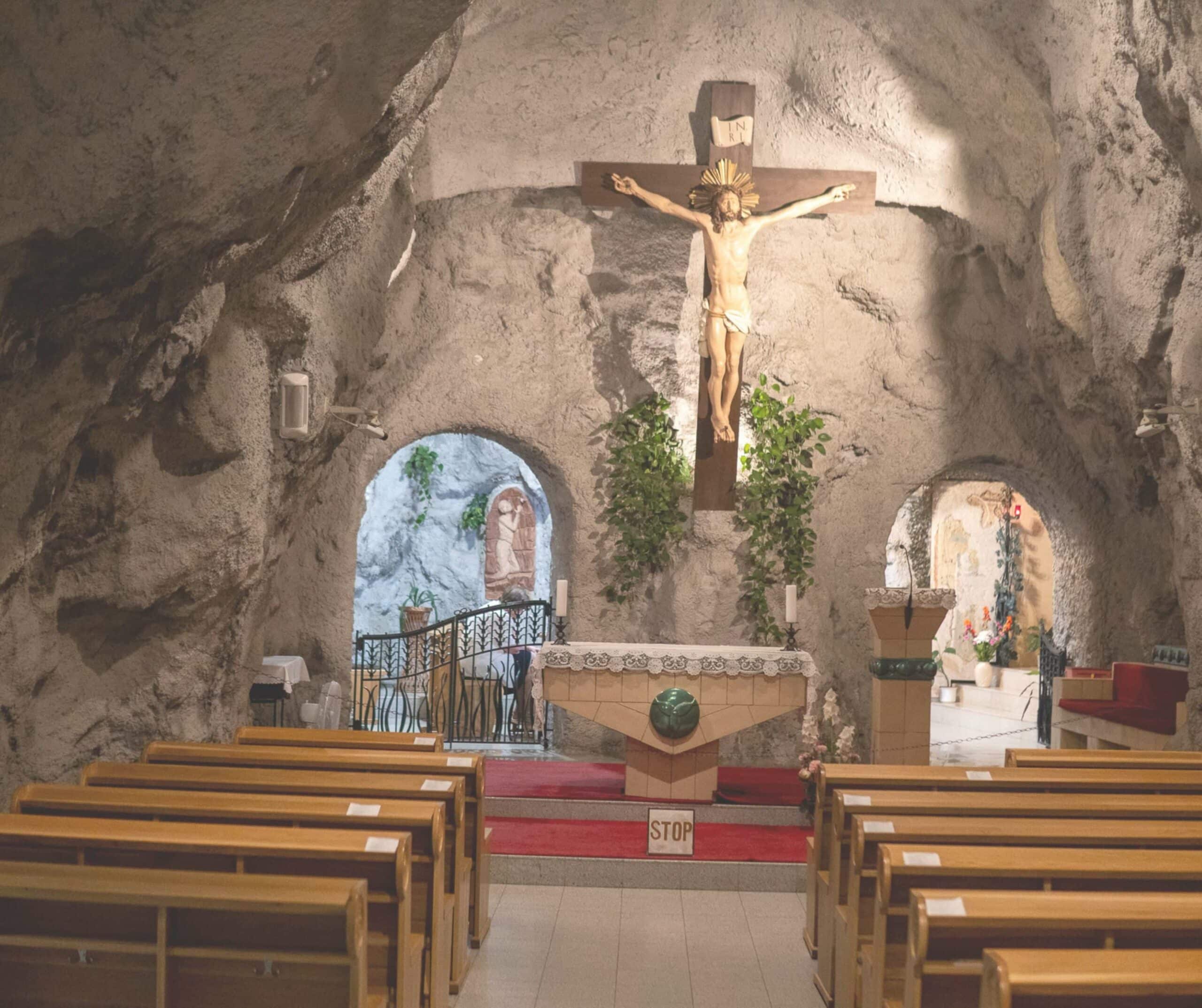 Rock-carved entrance to the Gellért Hill Cave Church in Budapest