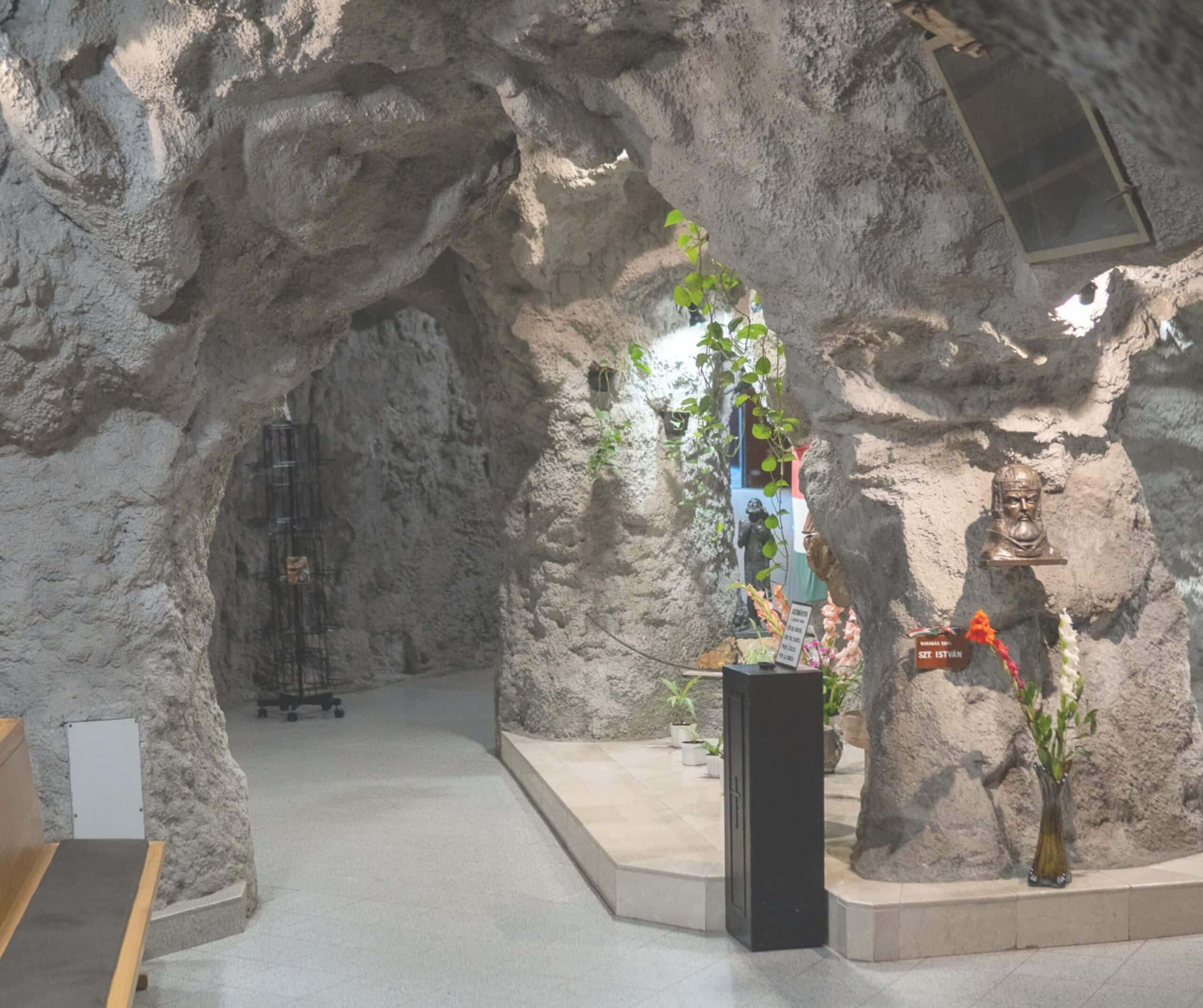 Interior chapel and pews inside the Gellért Hill Cave Church