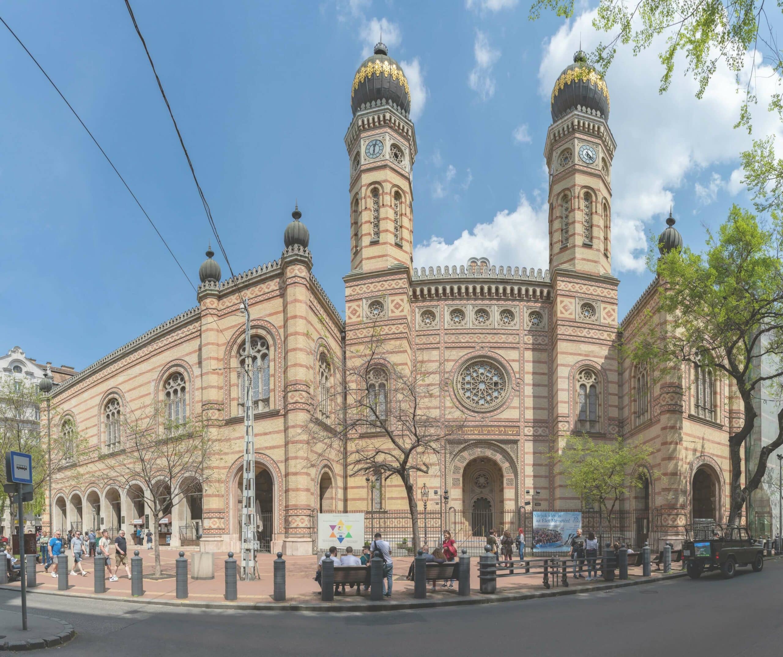 Ornate twin-towered facade of the Dohány Street Synagogue in Budapest