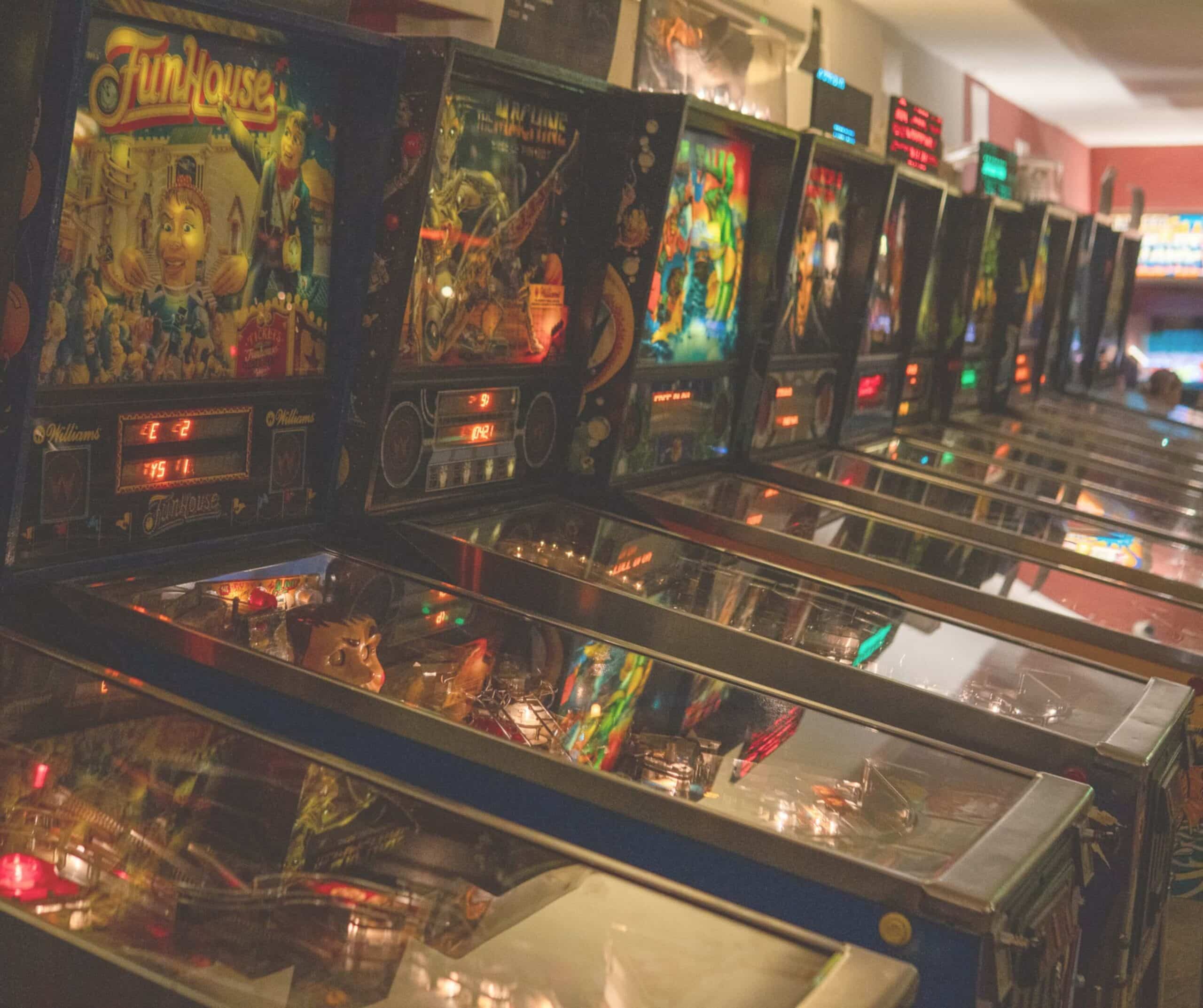 Rows of vintage pinball machines at the Flippermúzeum in Budapest