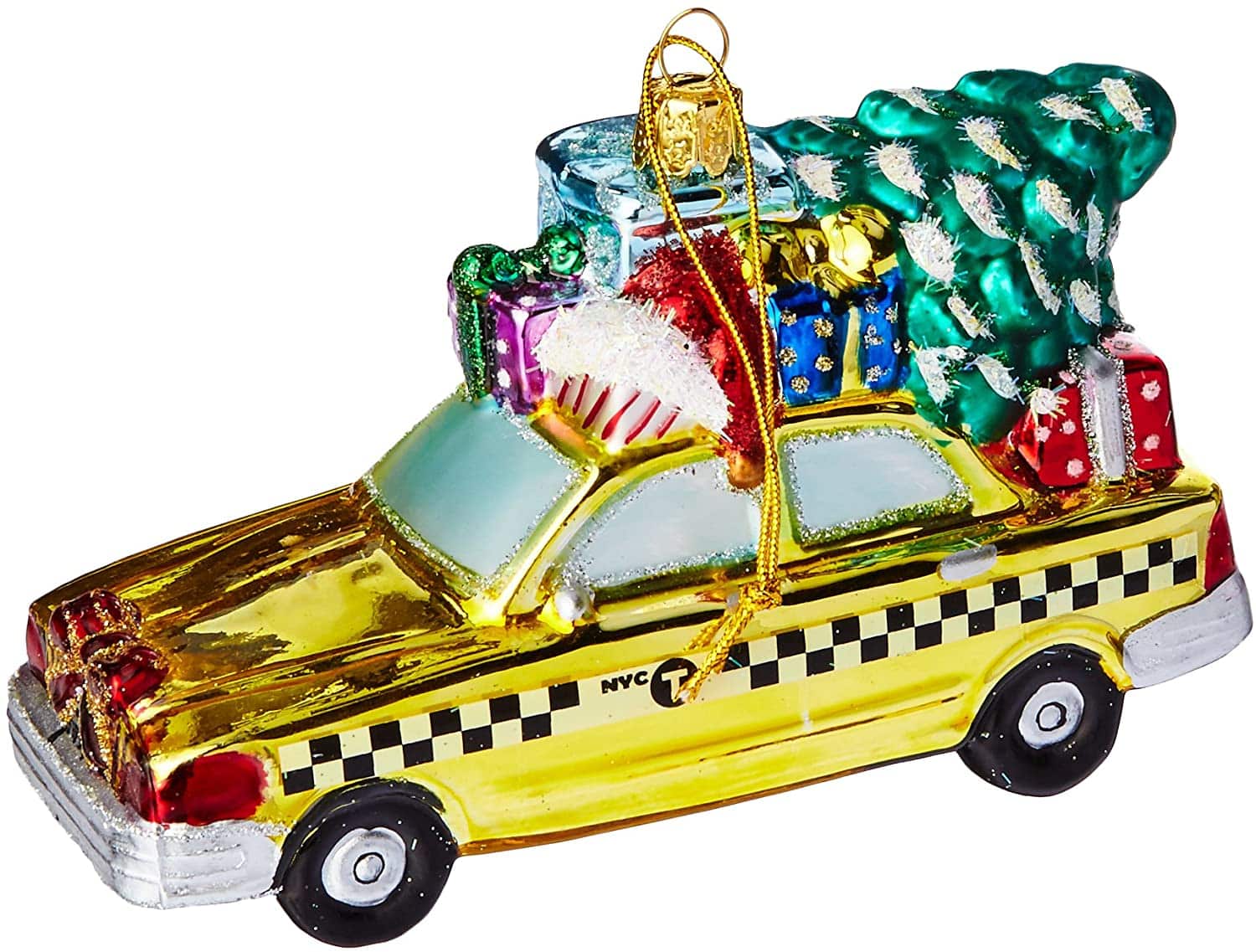 NYC Checker Taxi with Tree Glass Ornament