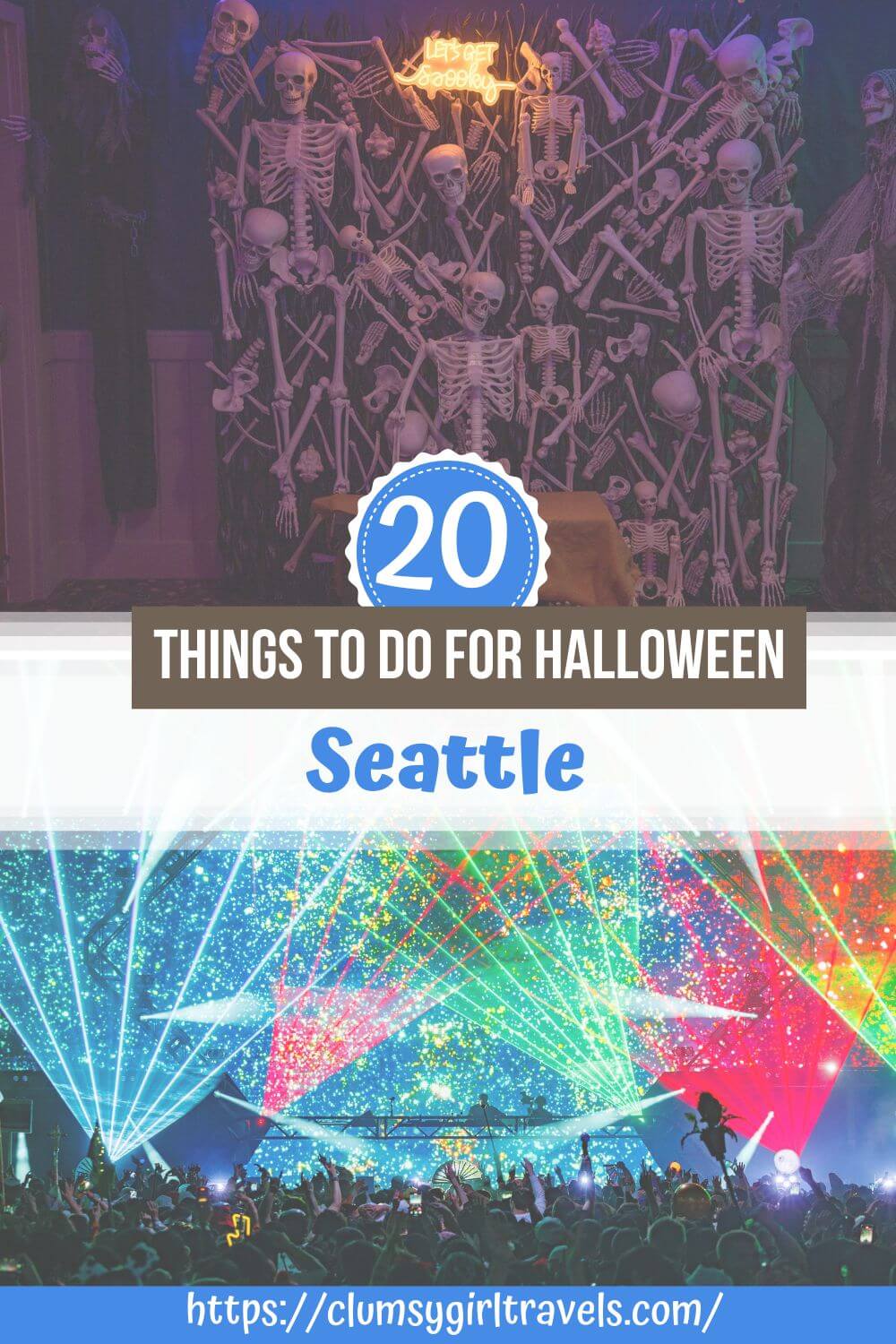 20 things to do for Halloween in Seattle, featuring a skeleton wall at a Halloween pop-up bar and a laser-lit crowd at BOO Seattle