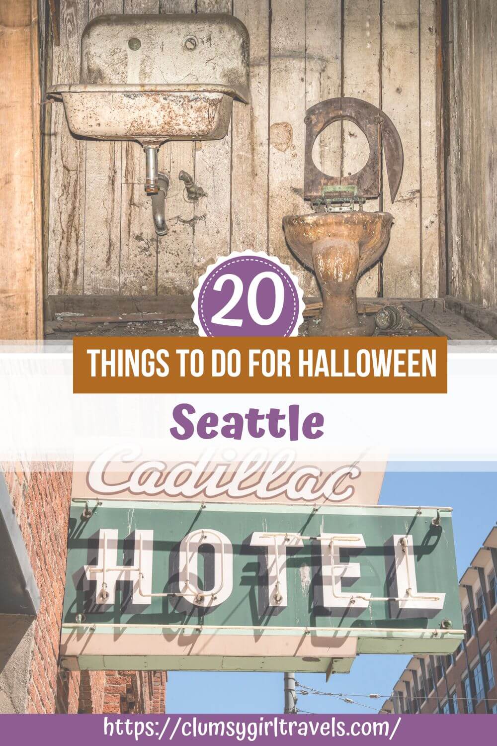 20 things to do for Halloween in Seattle, featuring an abandoned sink and toilet in the Seattle Underground and the vintage Cadillac Hotel neon sign