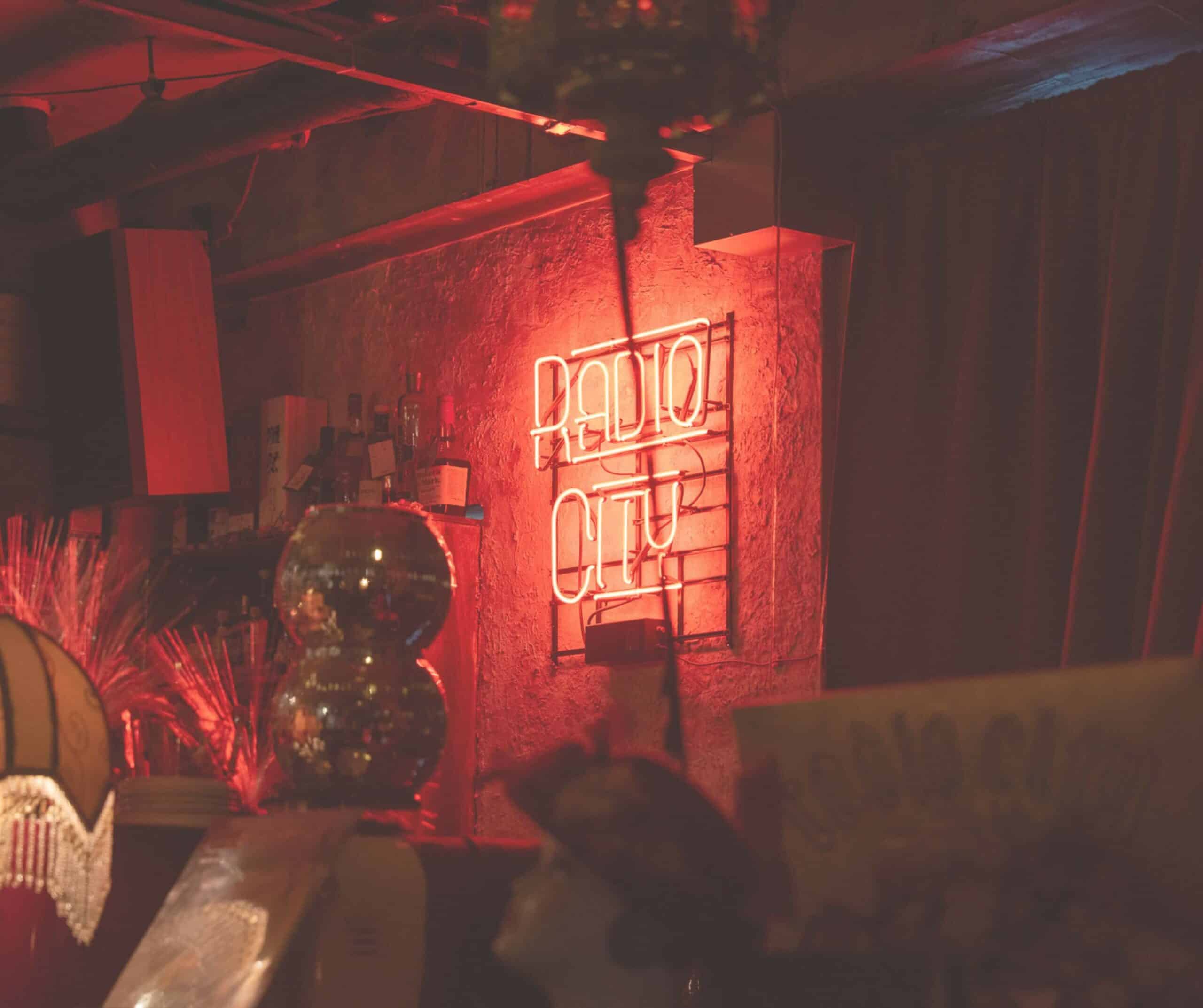 The vinyl record shelves at Radio City, an LP bar in Hongdae, Seoul