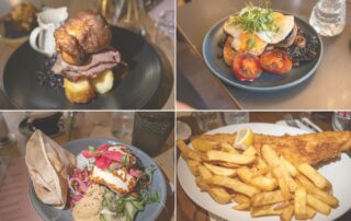 collage of four dishes: top-left a beef sandwich on a dark plate with a croissant and a mug in the background; top-right plate with eggs benedict, greens, roasted tomatoes and mushrooms; bottom-left wrap sandwich with colorful slaw on a blue plate; bottom-right pile of thick-cut fries on a white plate.