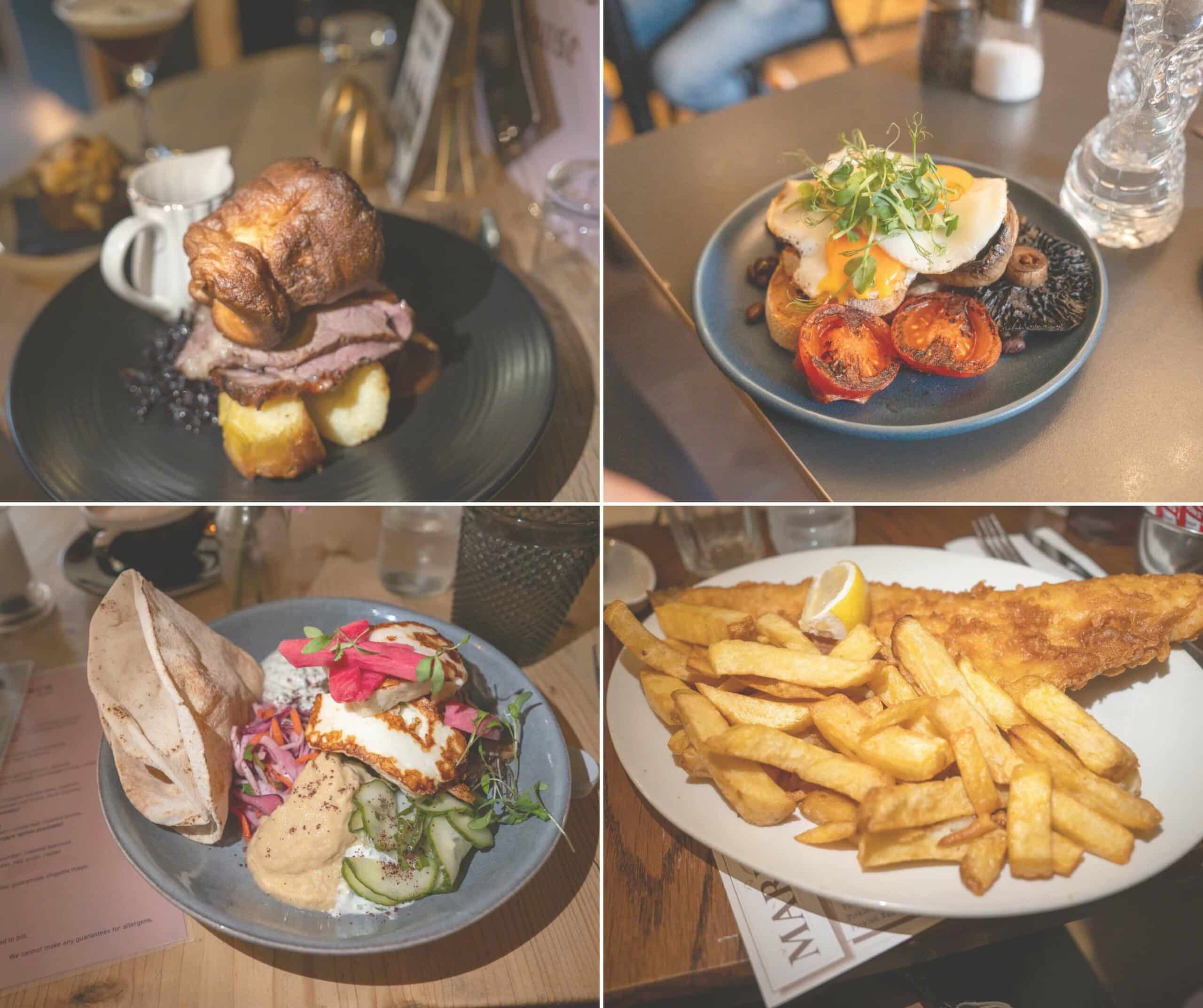 collage of four dishes: top-left a beef sandwich on a dark plate with a croissant and a mug in the background; top-right plate with eggs benedict, greens, roasted tomatoes and mushrooms; bottom-left wrap sandwich with colorful slaw on a blue plate; bottom-right pile of thick-cut fries on a white plate.