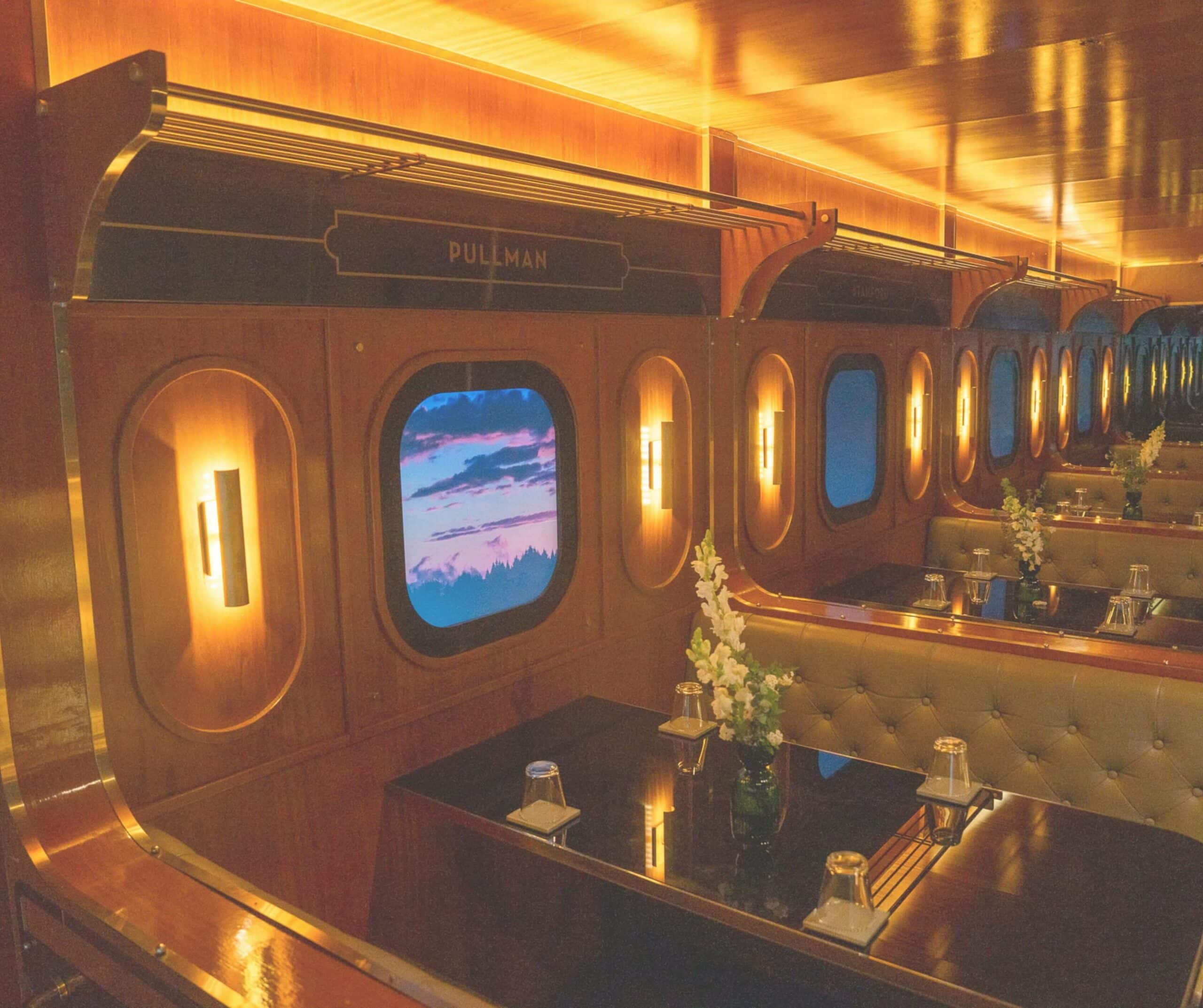 The vintage train carriage interior of Pussyfoot Saloon in Hannam, Seoul
