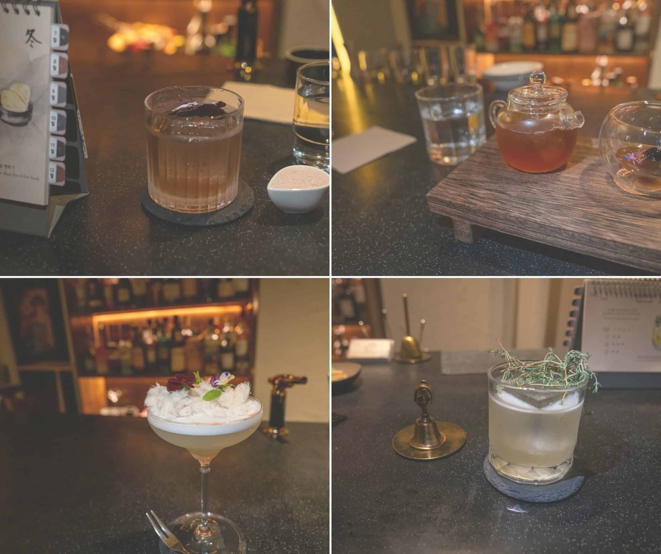Four-panel collage of drinks on a bar: brown iced cocktail with garnish, a glass of water, a teapot with tea, and a tall pale beverage with rosemary garnish.