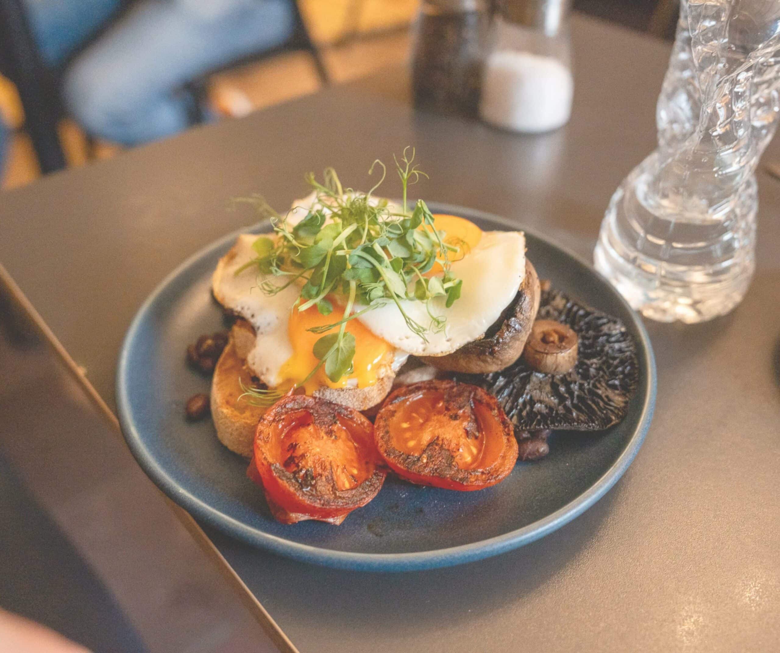 Herbi brunch at Whitehouse in Rye with a fried egg on sourdough, roasted portobello mushroom, charred tomatoes, black beans, and pea shoots