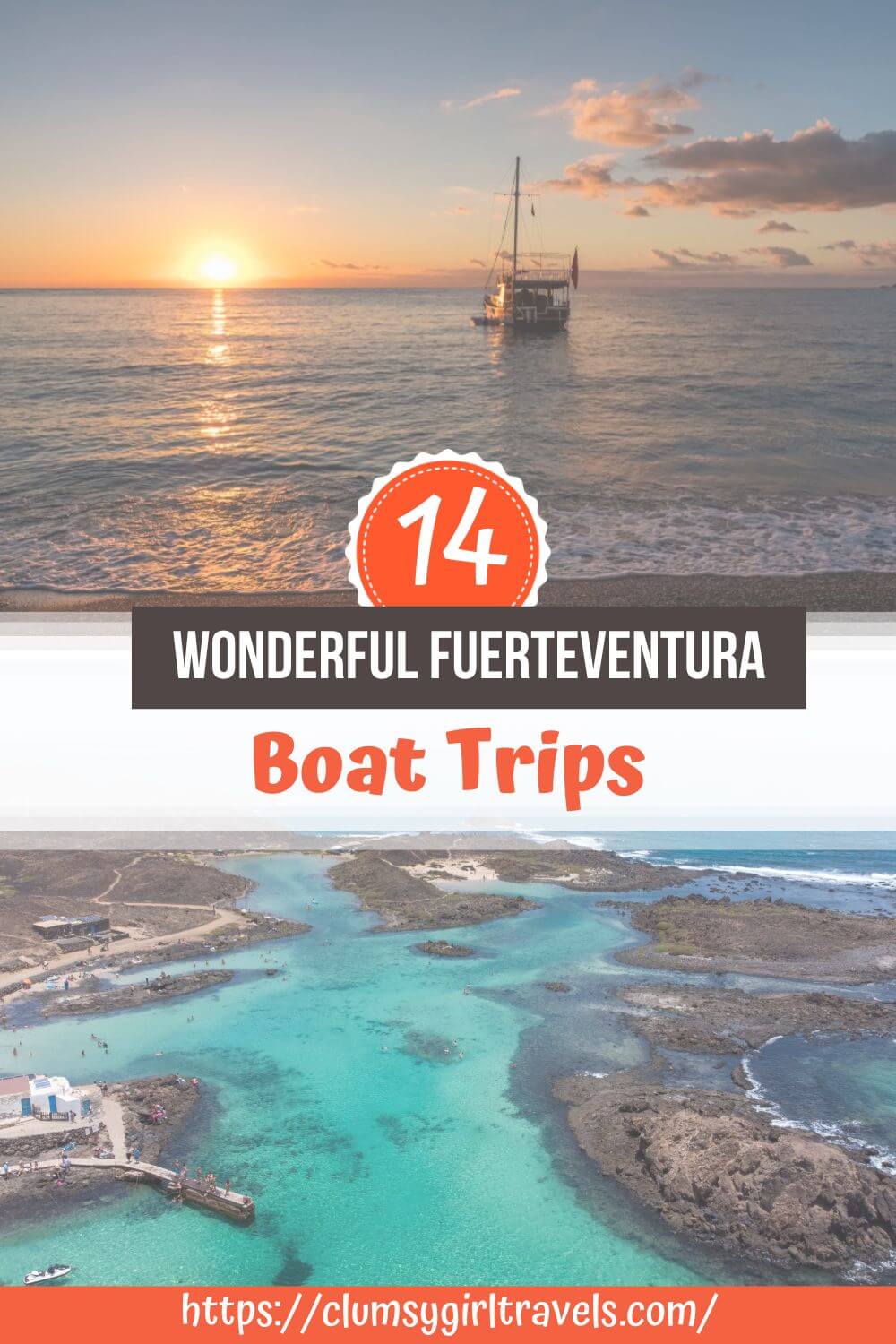 pin for fuerteventura boat trips 14 Wonderful Fuerteventura Boat Trips: a wooden gulet anchored at sunset and the turquoise lagoon at El Puertito on Lobos Island
