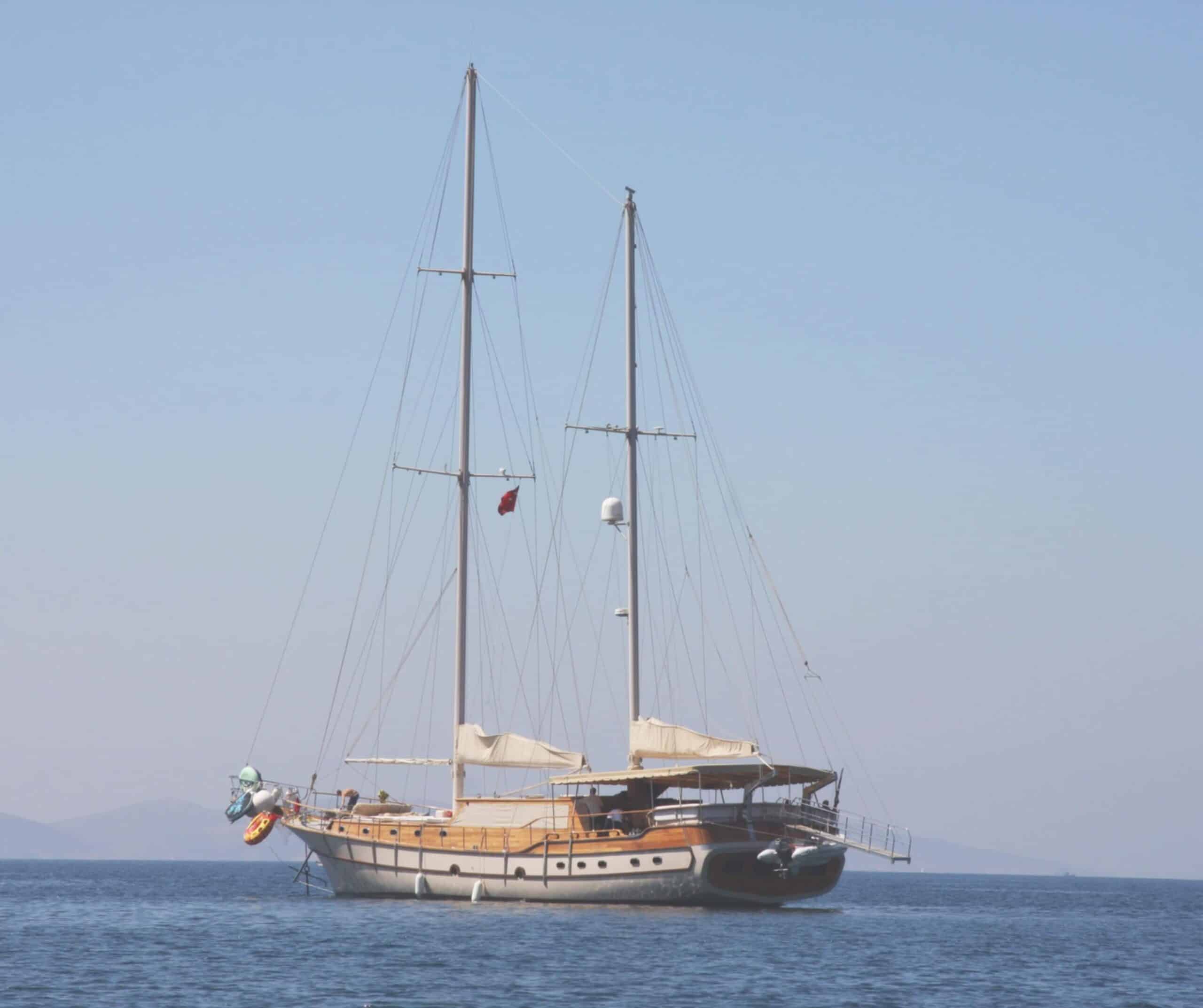 Two-masted wooden gulet anchored in calm blue water on a sunny day, like the boat on this Fuerteventura cruise