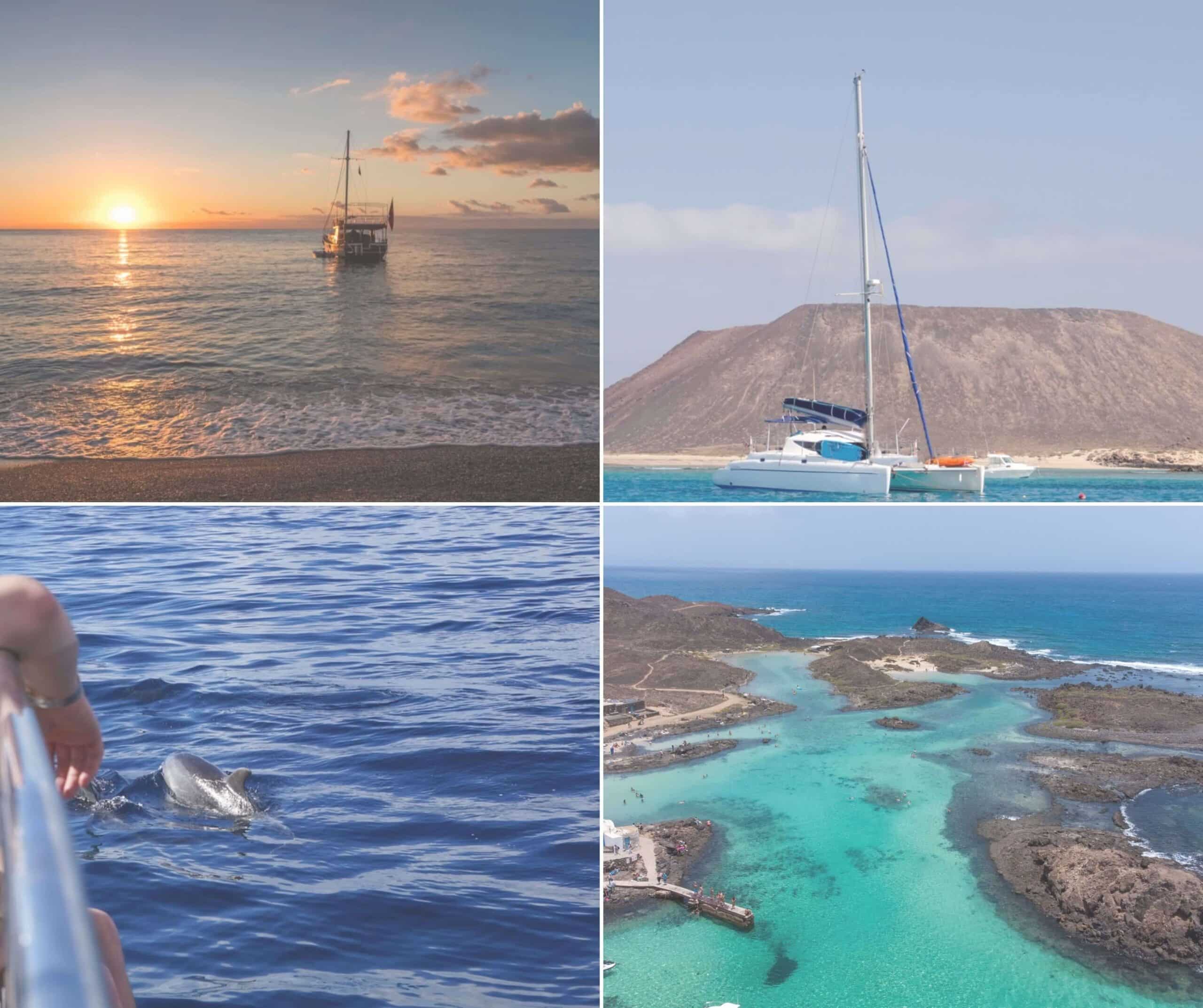 14 Wonderful Fuerteventura Boat Trips: a wooden gulet anchored at sunset and the turquoise lagoon at El Puertito on Lobos Island